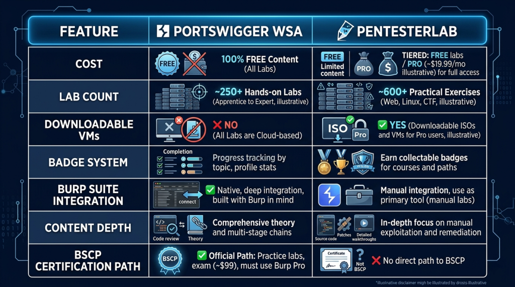 Free Access + BSCP Certification (PortSwigger) vs Badges + Downloadable VMs (PentesterLab)