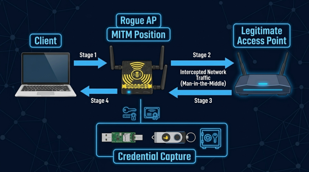 How the WiFi Pineapple Positions Between a Client and Legitimate AP to Capture Credentials