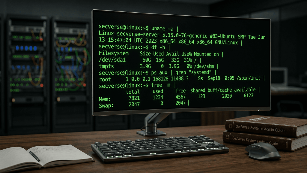 Terminal screen showing whoami command returning secverse and ls -la showing a directory listing