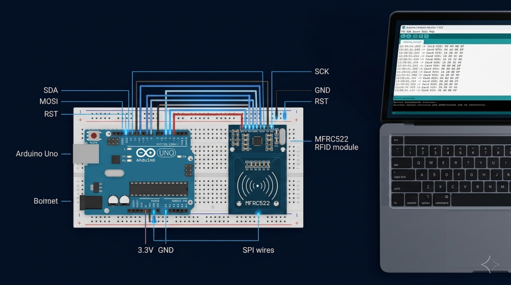 MFRC522 Module Connected to Arduino Uno via SPI — Your First RFID Security Project