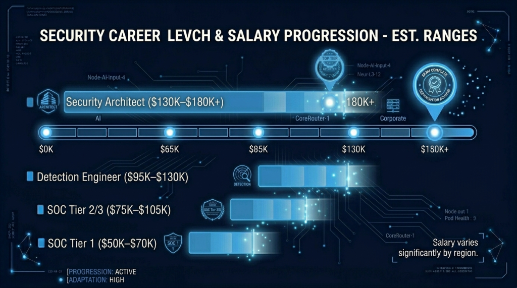 Average US Salaries by Blue Team Career Level — SOC Tier 1 Through Security Architect