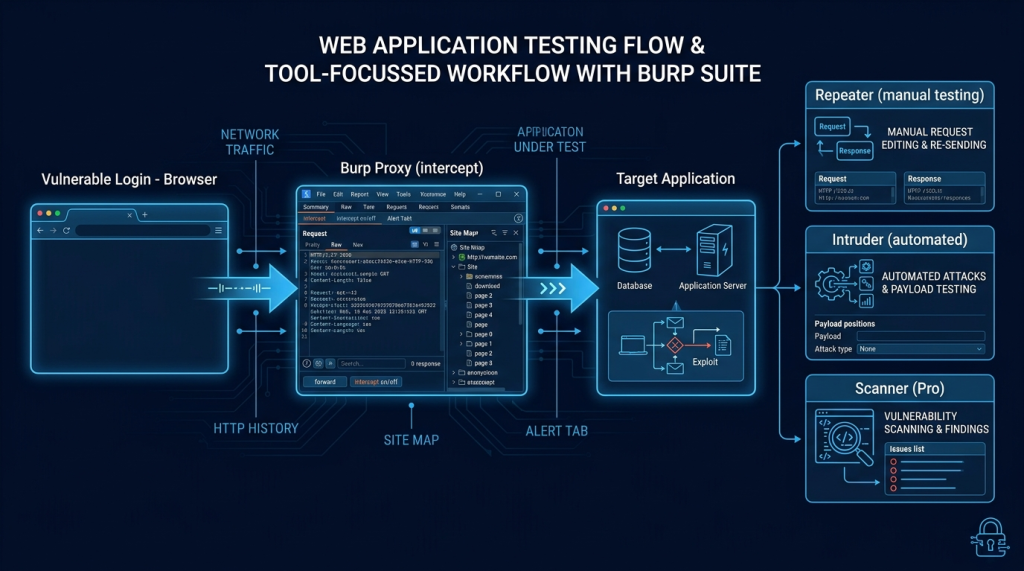 Browser → Burp Proxy → Target Application: Intercept, Modify, Repeat — The Web Tester's Core Loop