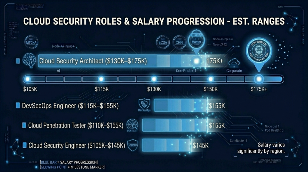 Average US Salaries by Cloud Security Role — Engineer, Architect, Penetration Tester, DevSecOps