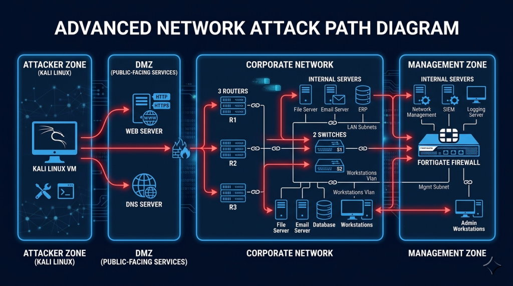 Attacker Zone (Kali) → DMZ (Web Server, DNS) → Corporate Network → Management Zone (FortiGate Firewall)