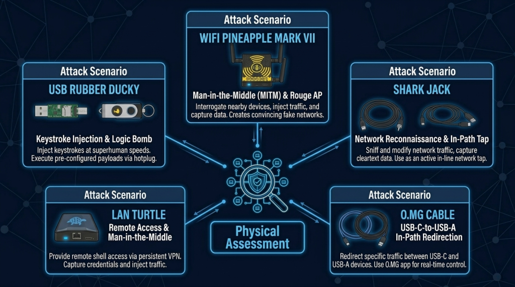 Five Real Attack Vectors: Rogue AP, Keystroke Injection, Network Tap, DNS Spoof, and USB Implant