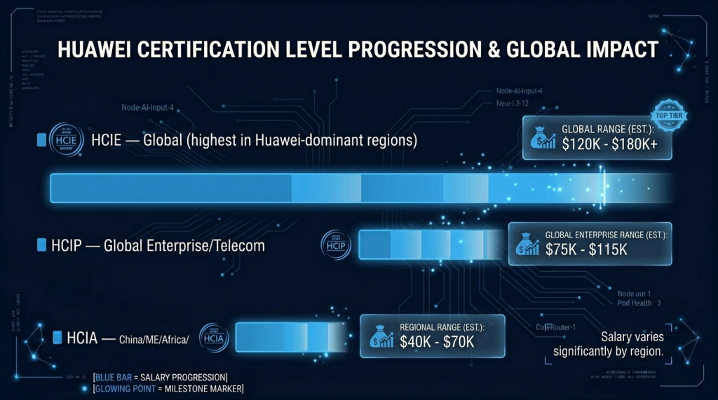 Salary Ranges by Huawei Certification Level — HCIA Through HCIE, Across Key Regions