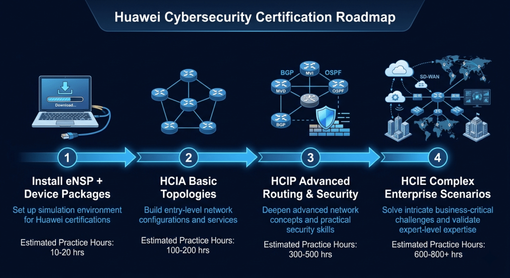 Install eNSP and Device Packages → HCIA Basic Topologies → HCIP Advanced Routing and Security → HCIE Complex Enterprise Scenarios