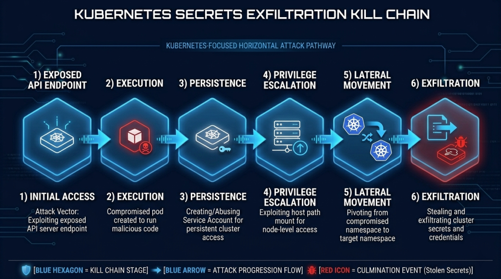 Initial Access → Execution → Persistence → Privilege Escalation → Lateral Movement → Credential Exfiltration