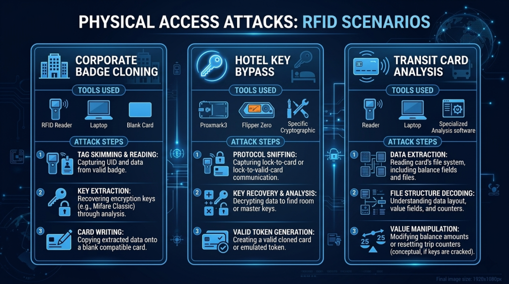 Corporate Badge Cloning, Hotel Key Bypass, and Transit Card Analysis — Real-World Attack Applications