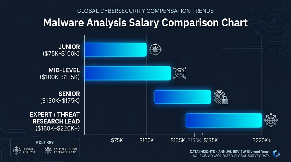 Average US Salaries by Malware Analysis Career Level — Junior Through Expert Threat Researcher