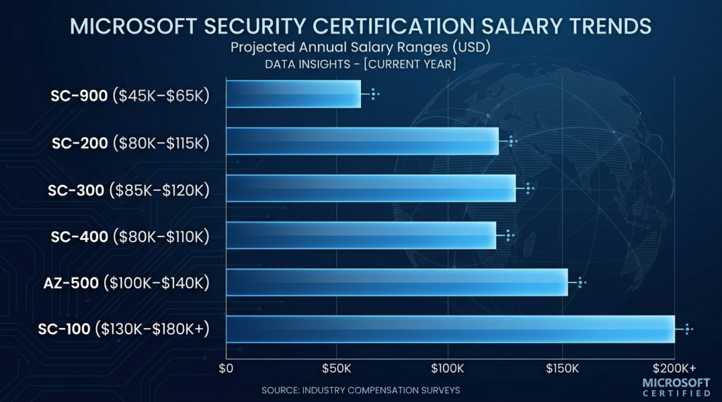 Average US Salaries by Microsoft Security Certification — SC-900 Through SC-100 Cybersecurity Architect Expert