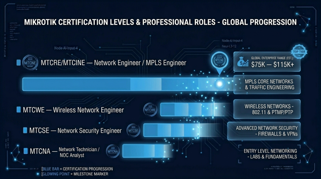Average Salaries by MikroTik Certification — MTCNA Through MTCSE and MTCWE