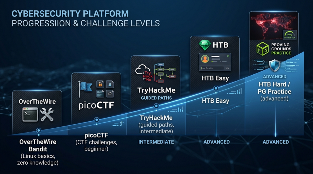 OverTheWire and picoCTF (Beginner) → TryHackMe (Intermediate) → HTB Easy → HTB Hard and PG Practice (Advanced)
