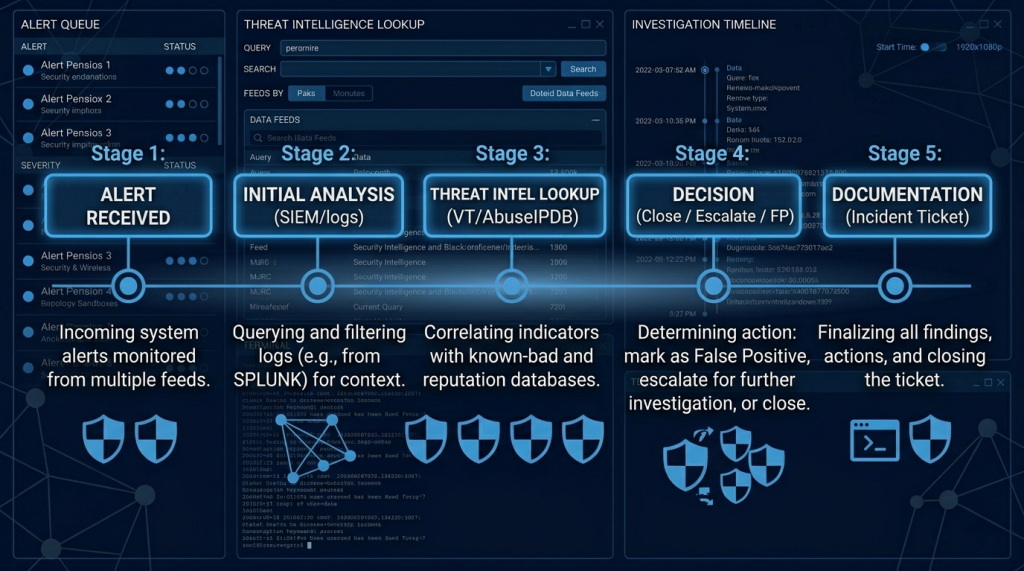 Alert Received → Initial Triage → Evidence Collection → Malware/IOC Analysis → ATT&CK Mapping → Close or Escalate