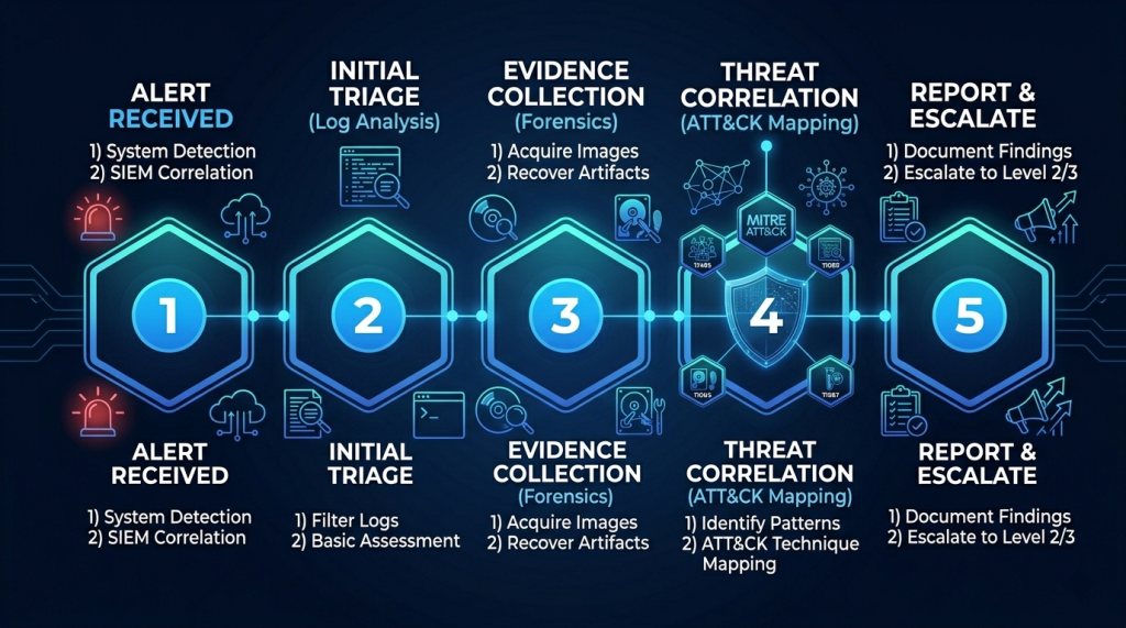 Alert Received → Initial Triage → Evidence Collection → ATT&CK Correlation → Document and Escalate