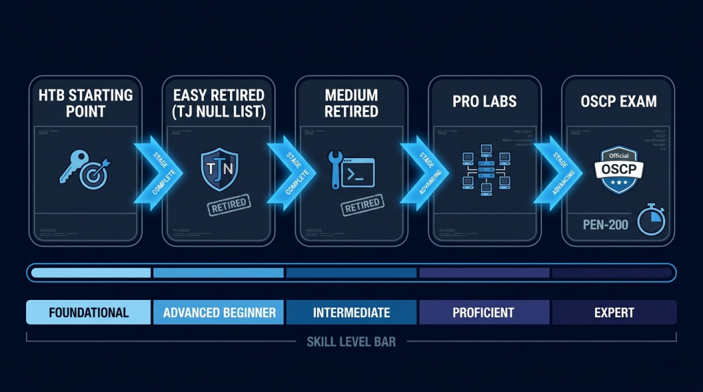 Starting Point → Easy Retired Boxes (TJ Null List) → Medium Boxes → Pro Labs → OSCP Exam