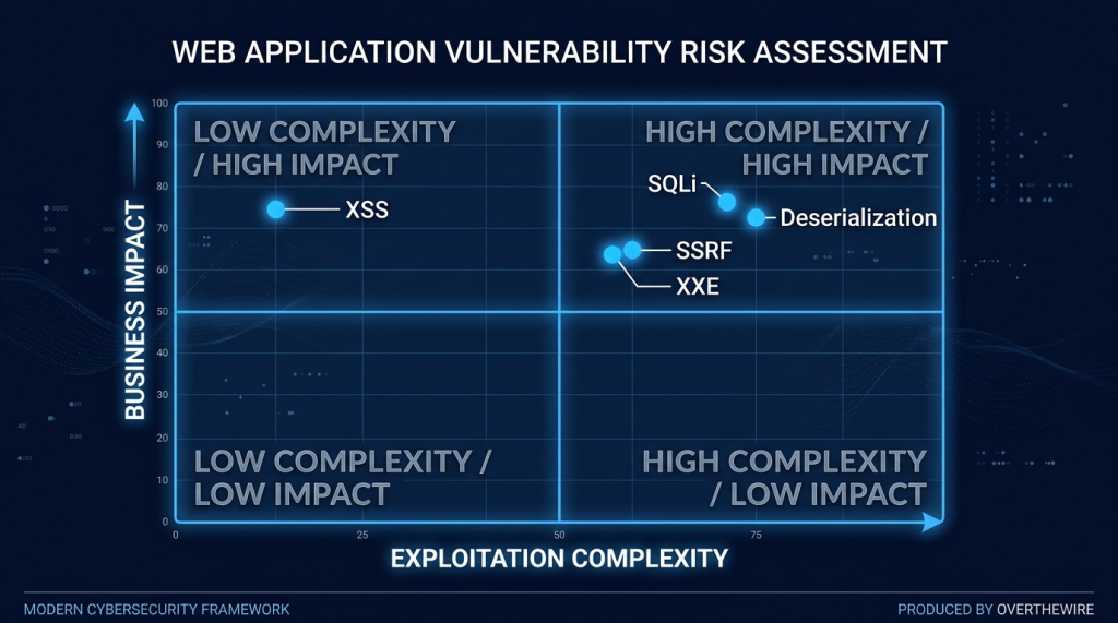 SQLi and Deserialization: High Impact, High Complexity. XSS: High Frequency, Lower Complexity. SSRF: High Value.