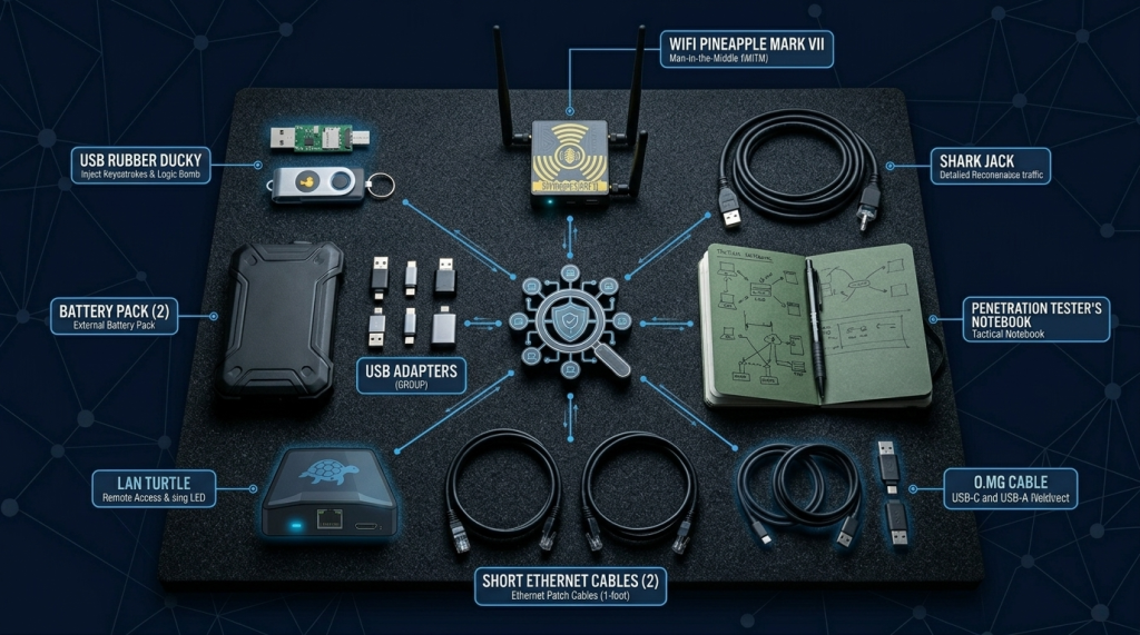 Everything in the Bag: Hak5 Devices, Battery Packs, Adapters, Ethernet Cables, and Field Notes
