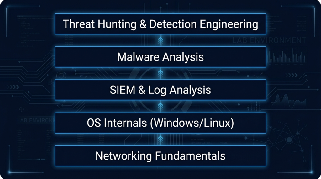 Networking Fundamentals → OS Internals → SIEM and Log Analysis → Malware Analysis → Threat Hunting