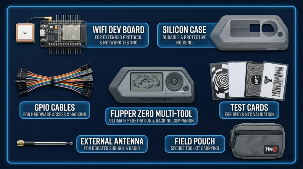 WiFi Dev Board, Silicone Case, Sub-GHz Antenna, GPIO Cables, and RFID Test Cards