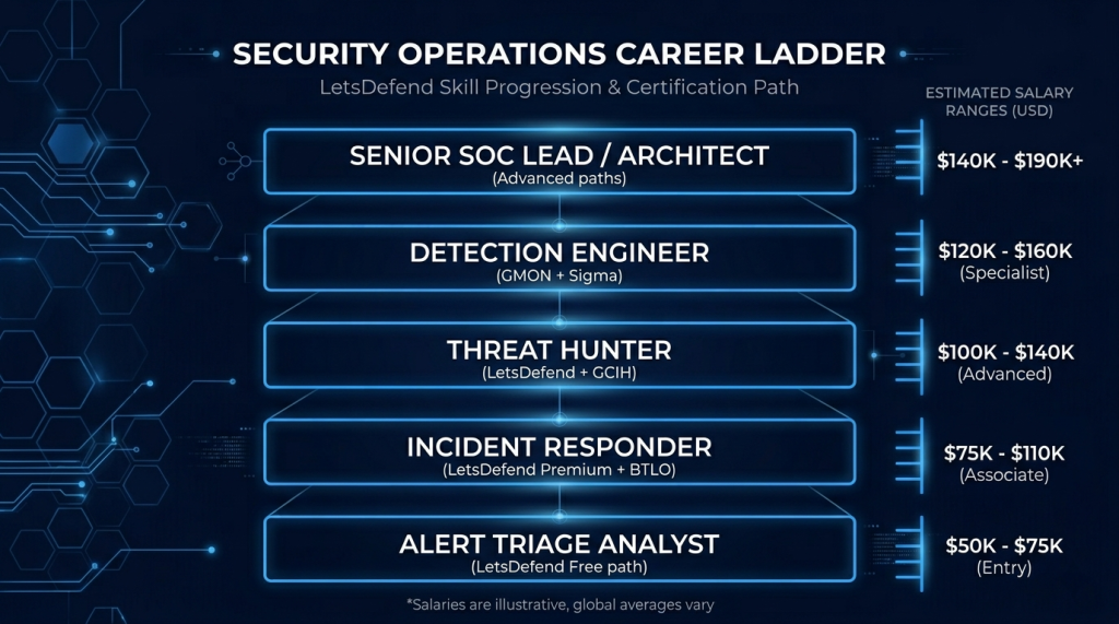 Tier 1 Alert Analyst → Tier 2 Incident Responder → Tier 3 Threat Hunter → Detection Engineer