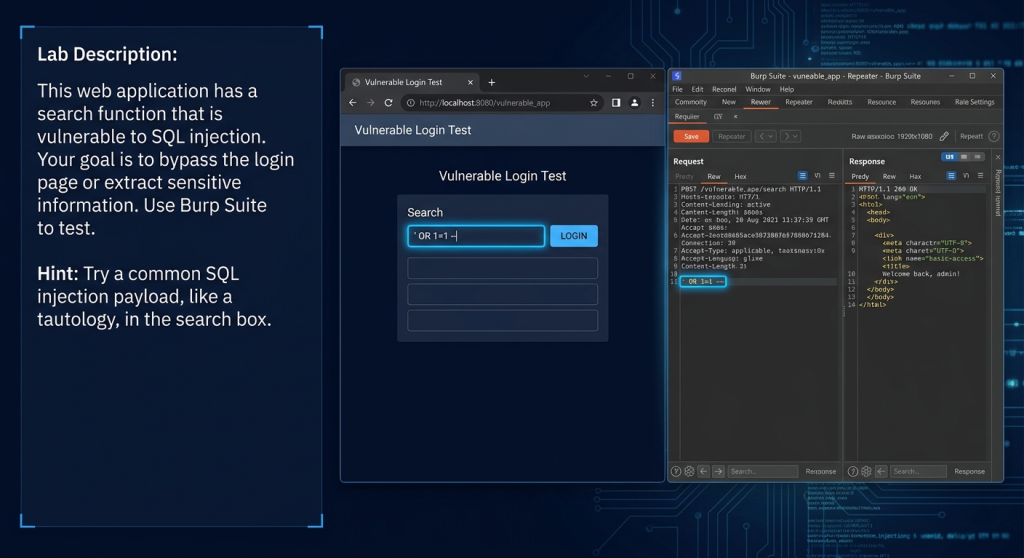 Lab Description on Left, Vulnerable Application in Center, Burp Suite Repeater on Right — The Complete Testing Environment