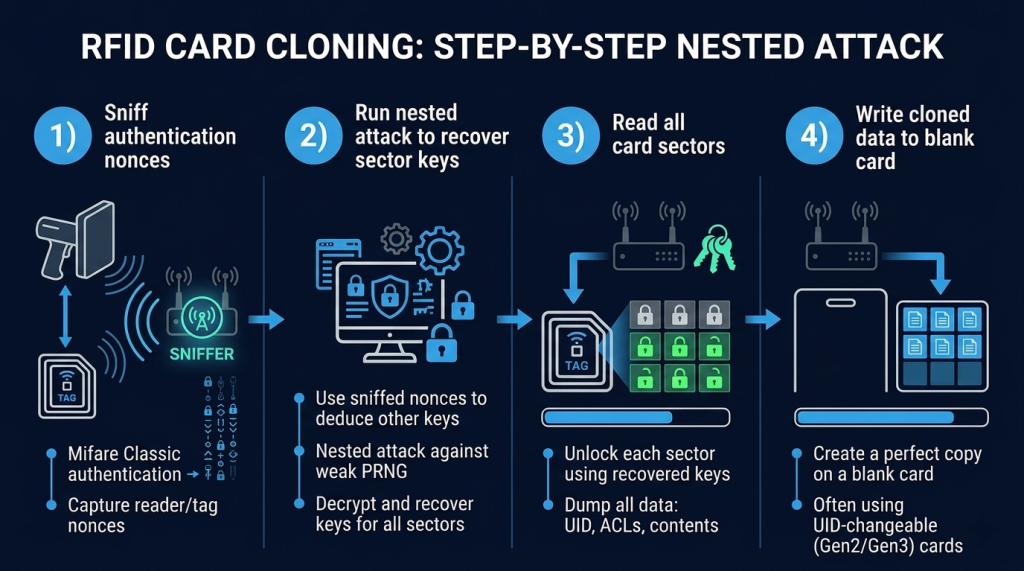 Sniff Nonces → Nested Attack → Recover Keys → Clone Card: Breaking the World's Most Common Access Card